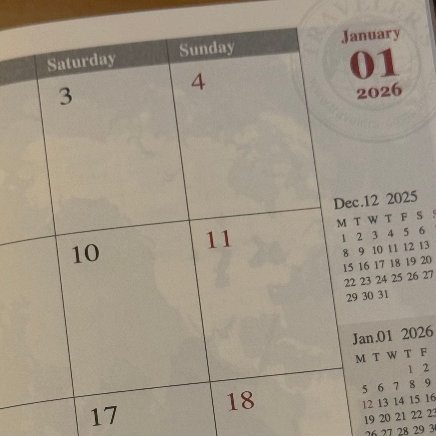 トラベラーズノートの月間ダイアリー、1月のページ